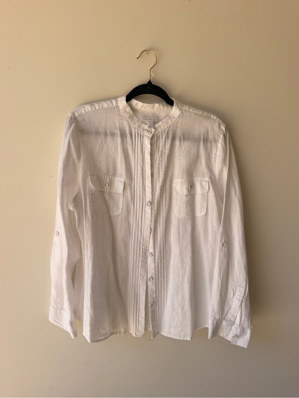 100% Linen Charter Club White Band-Collar Button-Down Shirt